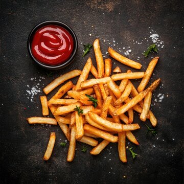 frenchfries with kitchup, topview on dark background. food photography for ads