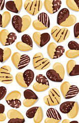 Beautiful heart-shaped milk biscuits covered half in chocolate