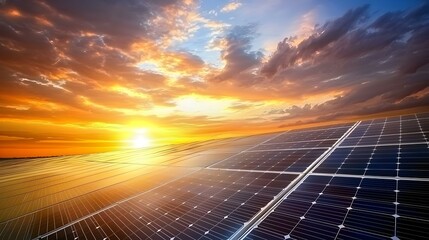 A large solar farm with a beautiful sunset