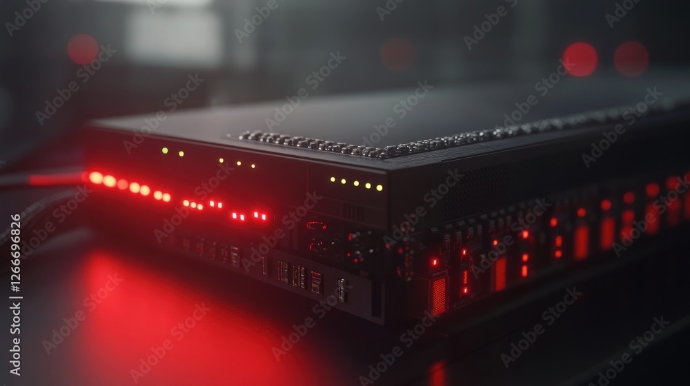 Poster black server with flashing lights in dark room, data processing