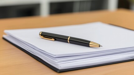 Fototapeta premium A sleek black pen rests on a stack of blank papers, perfect for notes, ideas, and creative brainstorming in a professional setting.