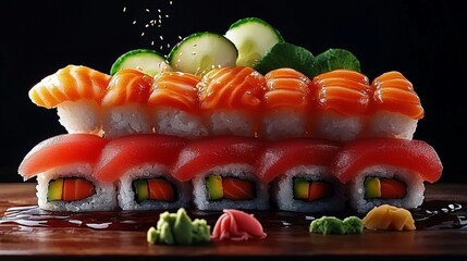 Delicious and Colorful Sushi Roll with Fresh Cucumber and Avocado Garnished with Vibrant Green Herbs on a White Plate for an Elegant Dining Experience