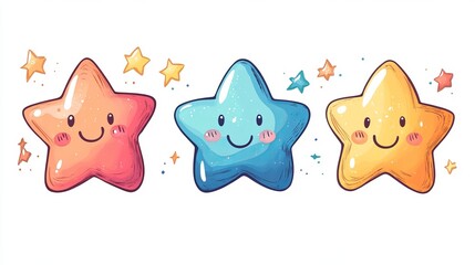Three Cheerful Stars with Bright Smiling Faces Radiating Joy and Positivity Against a Soft Colorful Background Creating a Whimsical and Playful Atmosphere Perfect for Children's Art