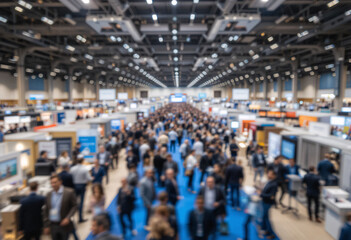 Fototapeta premium Large Business Expo Trade Show with a Crowd of Professionals Walking Through Exhibition Booths in a Modern Convention Center