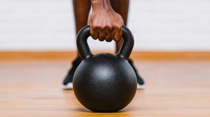 Close-up of a hand gripping a kettlebell on a wooden floor, emphasizing strength training and fitness.