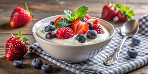 A bowl of homemade yogurt with a spoon and fresh fruit , dairy, kitchen,  dairy, kitchen, snack, recipe