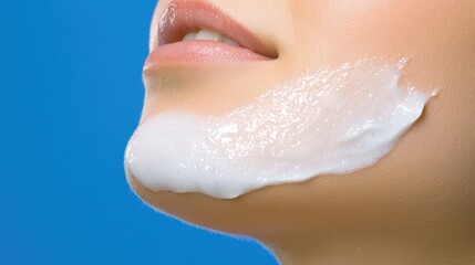 Fototapeta premium Close-up of a woman's chin with shaving cream, highlighting skincare and grooming routines for a smooth finish.