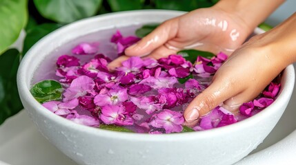 Fototapeta premium Hands gently immersed in a bowl of vibrant pink flower petals, promoting relaxation and self-care in a serene setting.