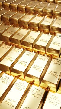 Gold bars stack with a shiny reflective surface concept background business success wealth investment banking abstract financial luxury. Vertical 3D animation