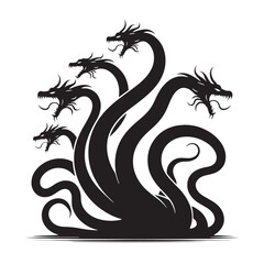 Fearsome Hydra silhouette symbolizing multiple heads of terror - Hydra illustration - Hydra vector - mythical creature silhouette
