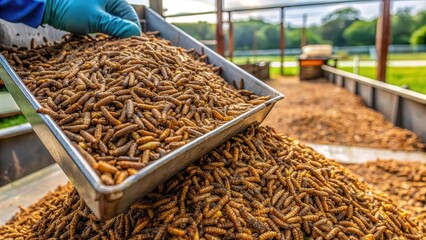 Black soldier fly larvae being harvested at an insect farm for animal feed in a large container