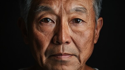 asia Before and after photos of a problematic face and healthy skin. Close Up Portrait of a Senior Man's Face, Split Showing Skin Texture and Contrast Against Dark Background