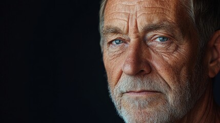 Fototapeta premium Before and after photos of a problematic face and healthy skin. Close-Up Portrait of a Senior Man with Grey Beard Against Dark Background