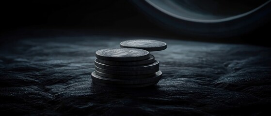 Fototapeta premium Stacked coins on dark surface, dramatic lighting