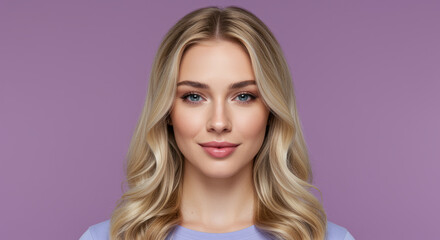 Fototapeta premium Woman with a serene mood in a lavender top against a soft purple background