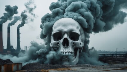 Giant skull formed by smoke emissions from industrial chimney