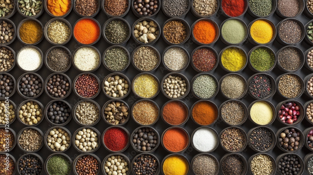 Poster a vibrant collection of various spices displayed in circular containers, showcasing diverse colors a