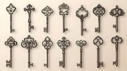 Ornate antique keys on light background; decorative; digital illustration; display