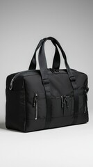 Fototapeta premium Black travel bag on gray background, ready for a weekend getaway