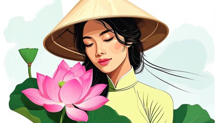 A stylized illustration of a beautiful Vietnamese woman in an Ao Dai, holding a lotus flower. She wears a traditional conical hat. The art style is vibrant and elegant.