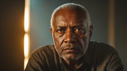 Dramatic Lighting on Face Conveying Responsibility and Wisdom.