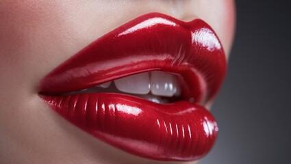 Obraz premium Closeup view of Stunningly Beautiful Red Lips featuring a High Glossy Finish that Captivates.