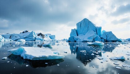 Arctic seascape with floating icebergs and craggy peaks