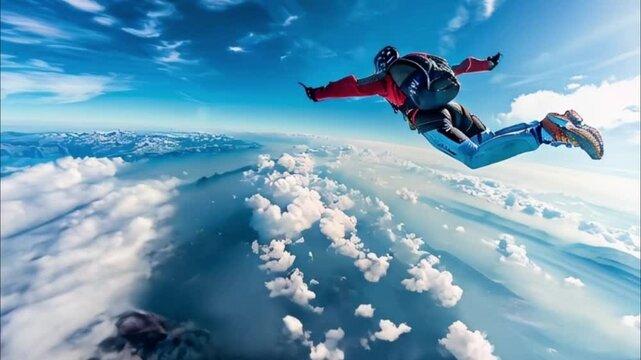 Parachutist with parachute makes heavenly adventure against on nature landscape, abstract vivid composition consists of fictional unreal fantastic vision on background