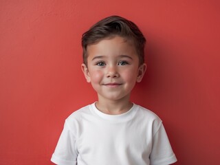 a young boy wear white T Shirt mockup on Red clean background