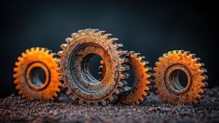 Rusty gears interlock on dark ground; industrial background