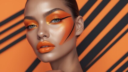 Fashion model showing creative makeup with orange lipstick and black stripes on orange background