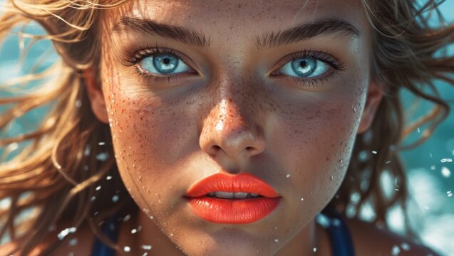 Vivid Lip Highlight in Outdoor Adventure Surfers Face with Bold Color and Ocean Spray - Extreme Sports Energy and Dynamic Beauty Marketing