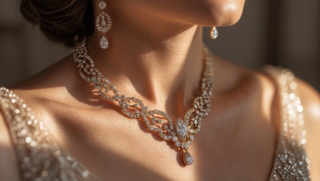 Close up of the bride s necklace and earrings
