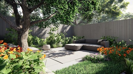 Obraz premium Serene Backyard Oasis: Modern Landscape Design with Secluded Patio and Lush Greenery