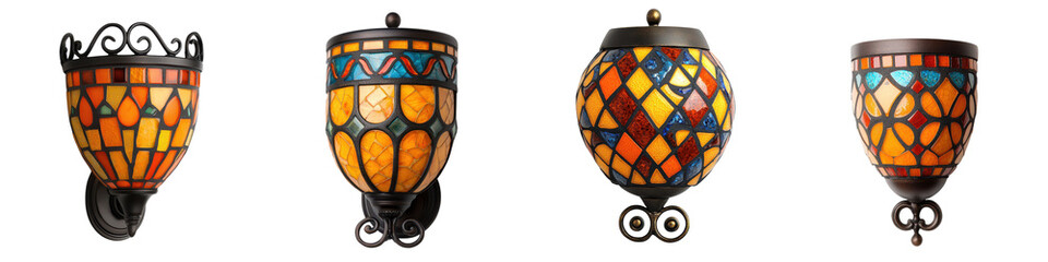 Colorful mosaic lamps with intricate stained glass patterns adding ambiance and decor to a cozy traditional interior design setting