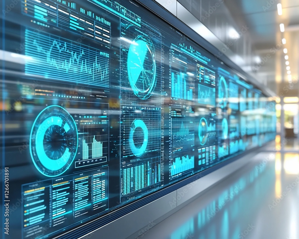 Poster futuristic digital data wall displaying graphs, charts, and key performance indicators in a modern o