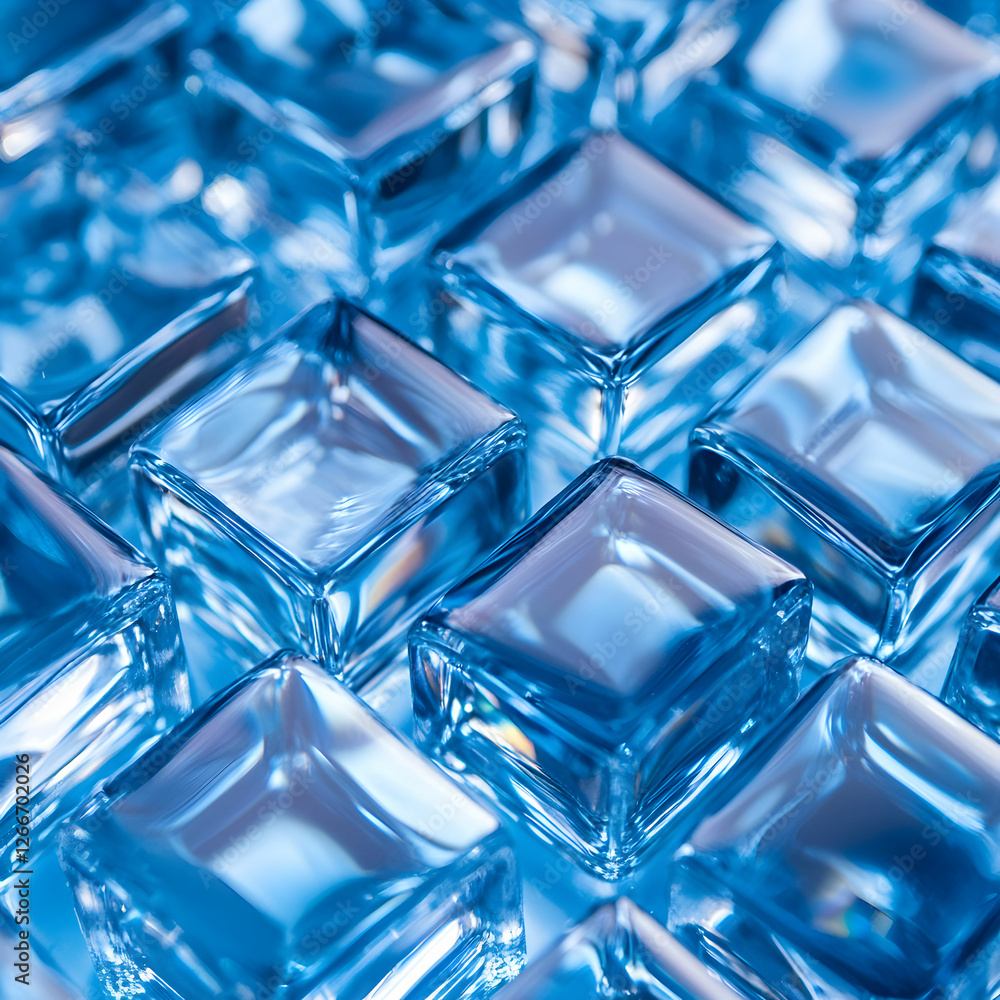 Poster a close-up view of shiny blue glass-like cubes, neatly arranged in a grid pattern
