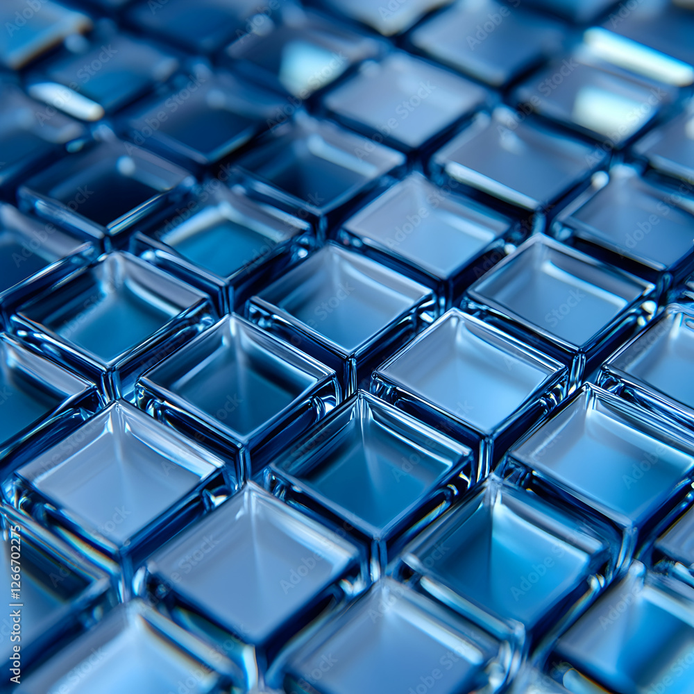 Poster a close-up view of shiny blue glass-like cubes, neatly arranged in a grid pattern