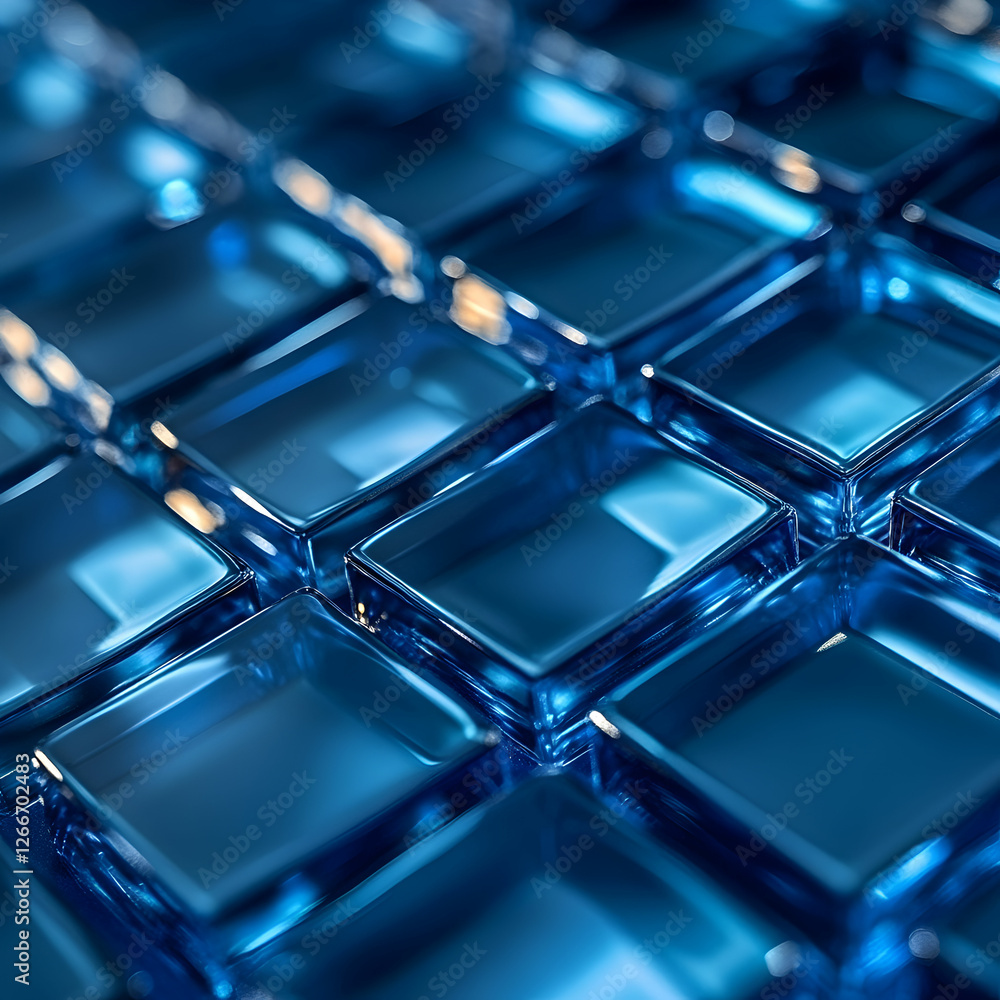 Poster a close-up view of shiny blue glass-like cubes, neatly arranged in a grid pattern