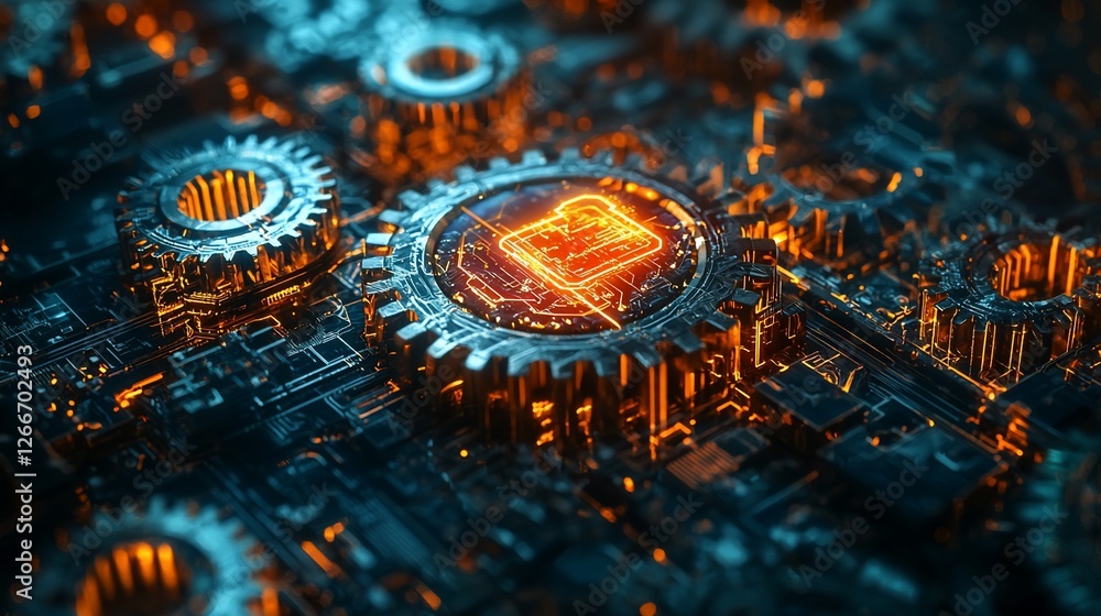 Aufkleber glowing circuit board gears with central processing unit.