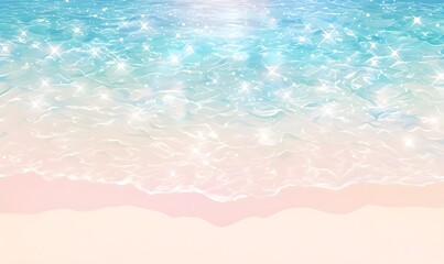 An anime-style white beach with glittering clear water, light blue waves, and shiny light pink sand