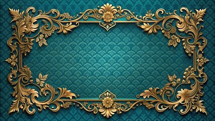 Ornate frame with intricate carvings on a rich peacock blue background adorned with gold accents and Baroque patterns , vintage style, ornate decorations