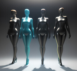 Obraz premium Abstract surrealistic illustration of glass statue several people standing in pose.Concept project.mindfulness and meditation.Futuristic. cyberpunk.innovation different types of poses.generative ai