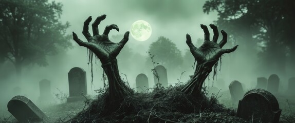 decaying zombie hands erupting from misty graveyard soil twisted fingers reaching skyward backlit by eerie green moonlight