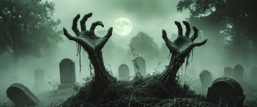 decaying zombie hands erupting from misty graveyard soil twisted fingers reaching skyward backlit by eerie green moonlight