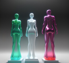 Obraz premium Abstract surrealistic illustration of glass statue several people standing in pose.Concept project.mindfulness and meditation.Futuristic. cyberpunk.innovation different types of poses.generative ai