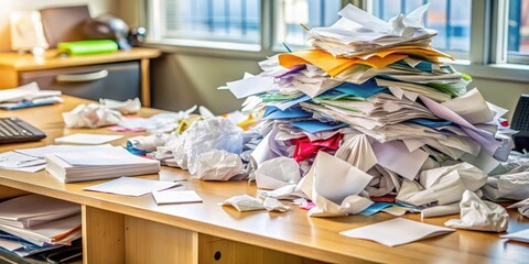 Fototapeta premium A cluttered desk with scattered paper receipts in various colors and sizes