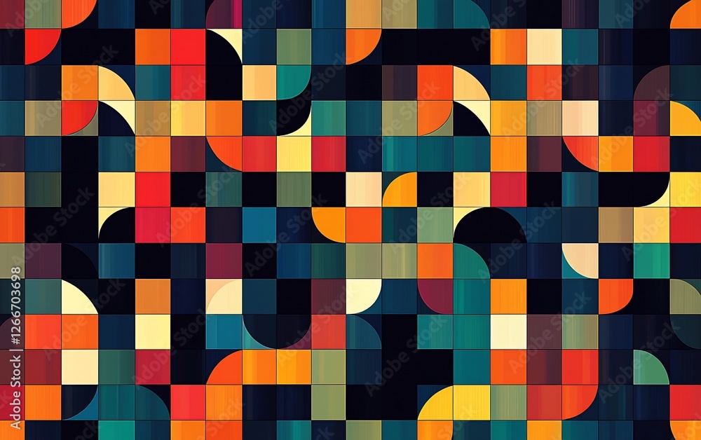 Aufkleber abstract geometric pattern with colorful squares and quarter circles on dark background.