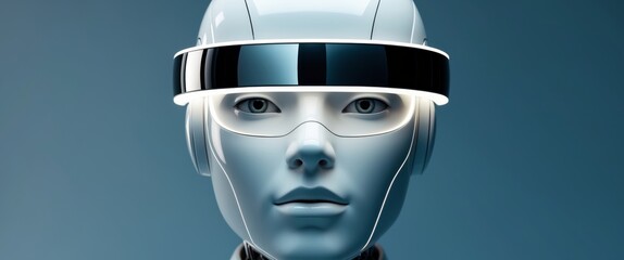 White Robot Head Glowing Visor in Futuristic Setting.