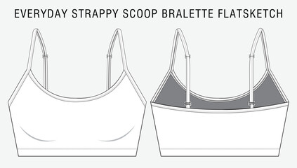 women everyday strappy, scoop, non wired, flat sketch, sports bra, technical drawing, bra, flat sketch, fashion technology, tech pack, vector, editable stroke